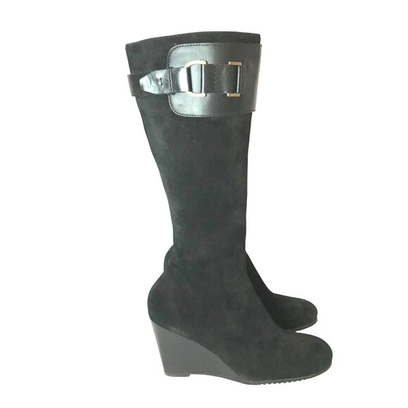 AEROSOLES Wedge Knee HIgh Black Suede Boots Womens 9.5 - Picture 1 of 12